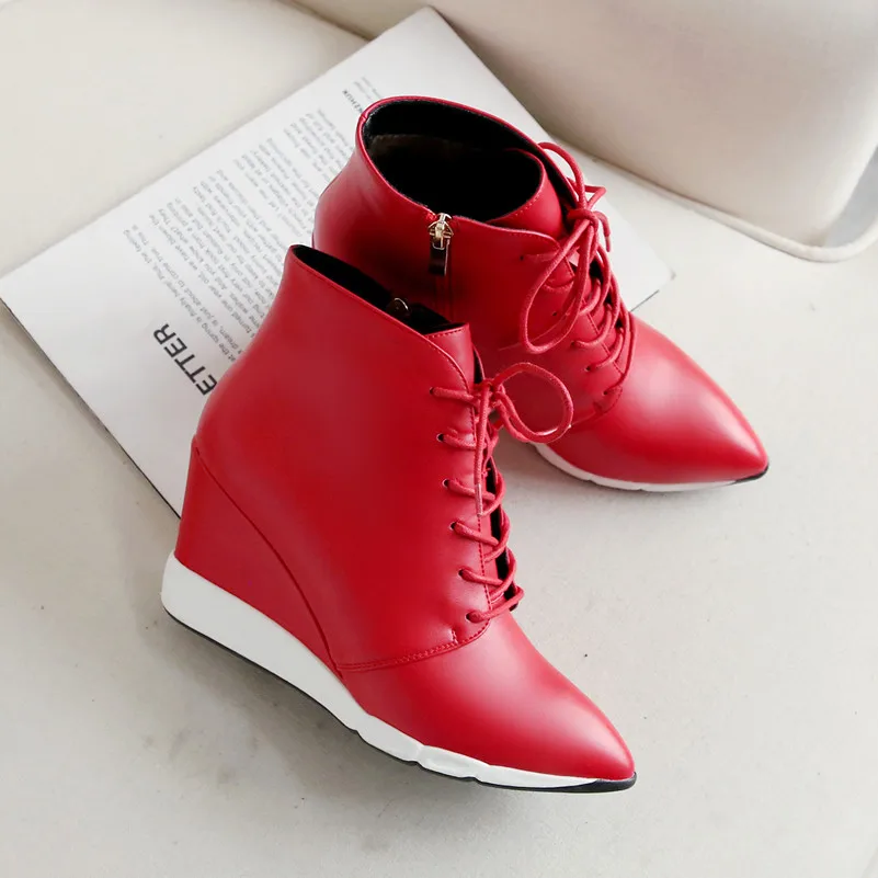 ANNYMOLI Winter Ankle Boots Women Boots Zipper Wedge High Heel Short Boots Lace Up Pointed Toe Shoes Ladies Fall Red Size 34-40