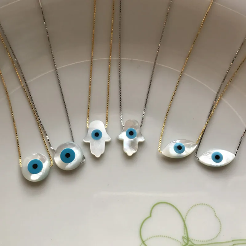 Marquis /Blue Round/ Fish/Hamsa Blue Cat Eye MOP Shell With 925 Sterling Silver Jewelry Pendan Chain Chocker Charms Necklace