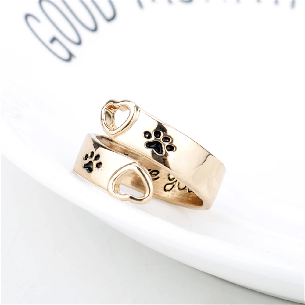 New Trendy I will love you Forever Cute Animal Pet Ring Dog Paw Hollow Love Heart Opening Ring For Women Pet Animal Claw Jewelry