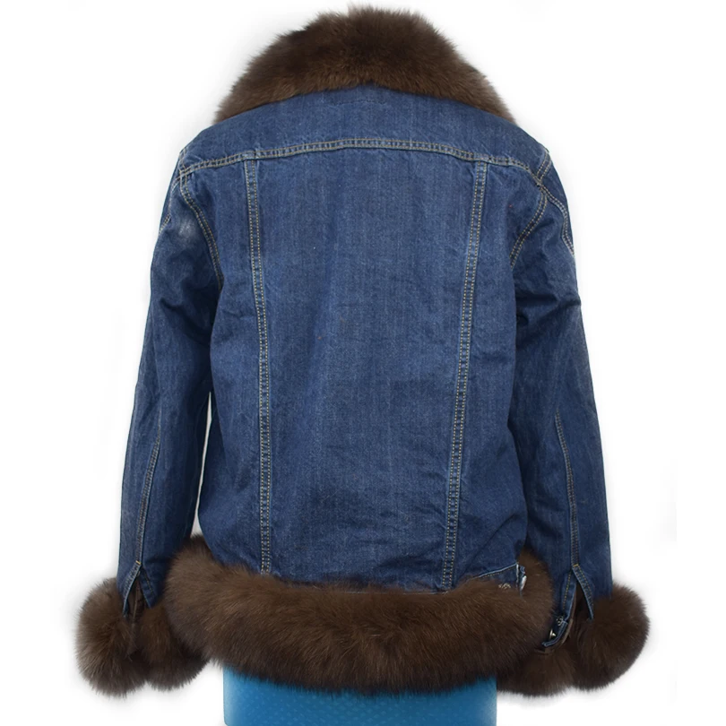 Real Fox Fur Jacket for Women, Female Cowboy Jacket, Faux Fur Lining, Cowboy Jacket, Natural Fur Jeans, Spring, New, 2023