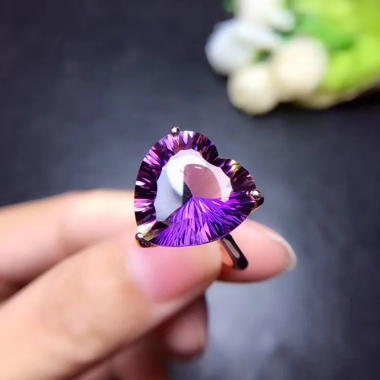 Simple heart-shaped gemstone Natural amethyst lady ring, 925 silver, novel craftsmanship, beautiful colors.