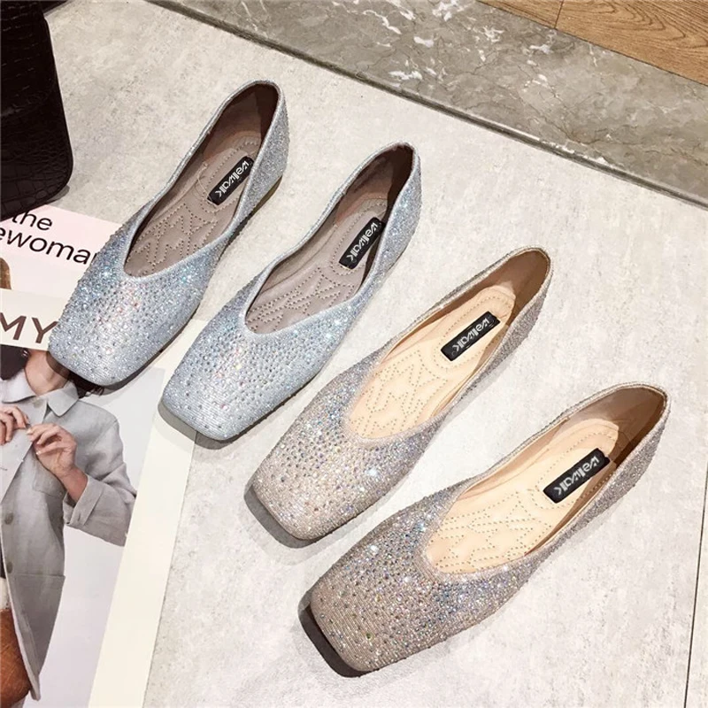 

Wellwalk Women Summer Ballerinas Ladies Flat Shoes Square Toe Flash Simple Design Female Foldable Casual Slip On Shoes