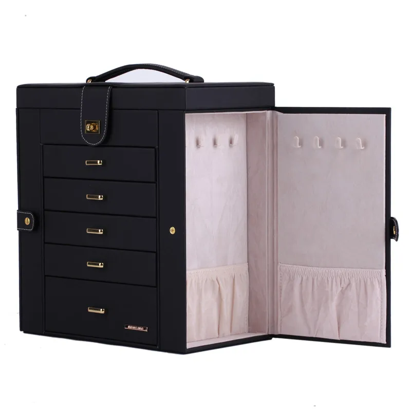 Extra Large Black Jewelry Box Mirrored Jewellery Cabinet Portable Trinkets Display Armoire Luxury PU Bracelets Necklaces Cases