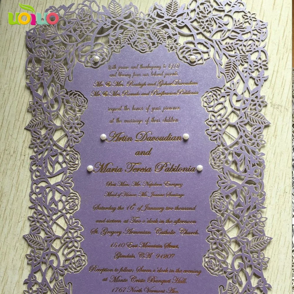 

50pc purple card Craft Laser Cut Party Birthday Invitations Card free printing Wedding Invitation Card stick small rhinestone