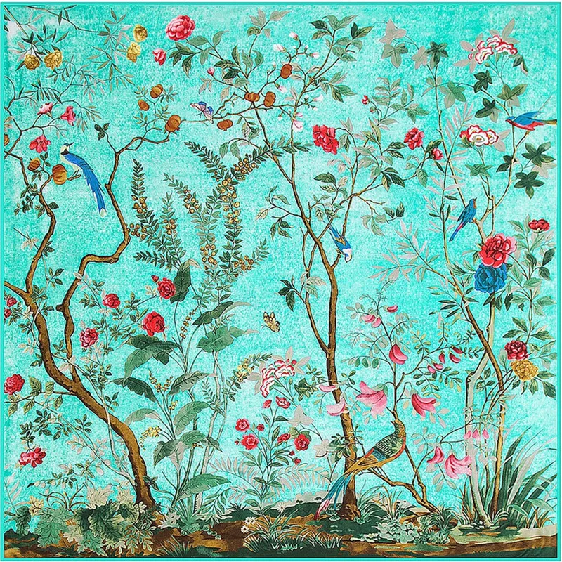 KOI LEAPING New Women Silk shawl Flower Bird Jungle Shawl Digital Print 130 * 130 Square Silk Scarf Party travel mom gift