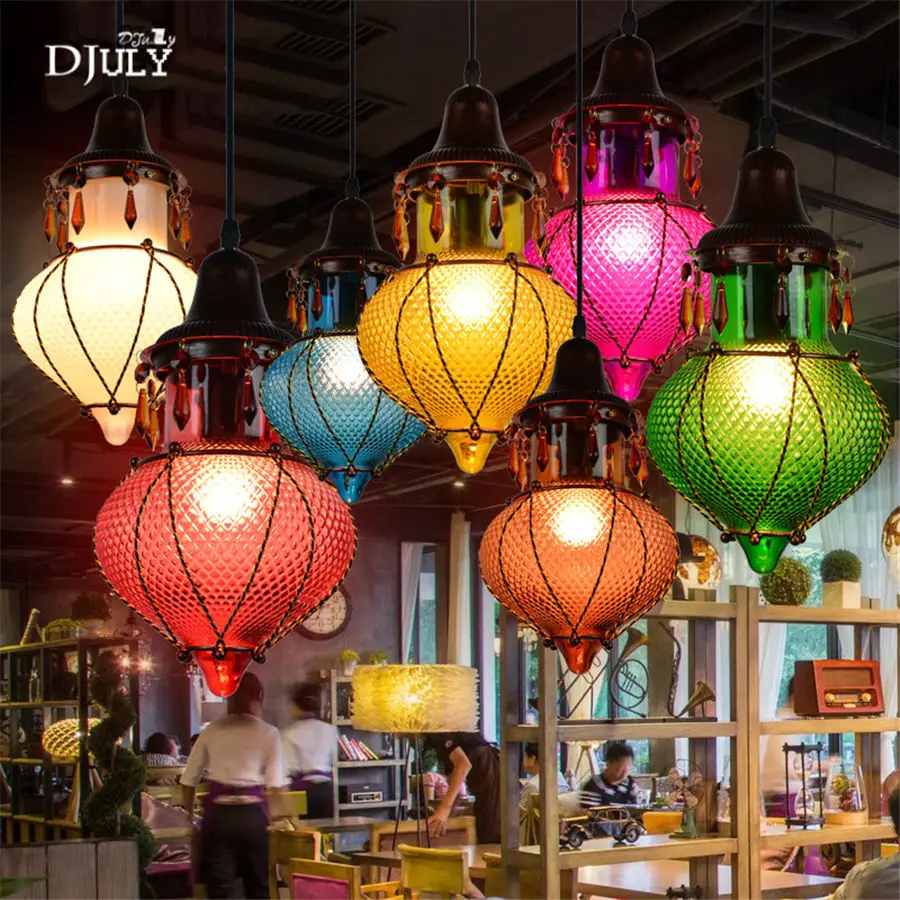 Southeast Asia stained glass retro pendant lights for coffee store Internet cafe vintage dining room hanging lamp loft decor