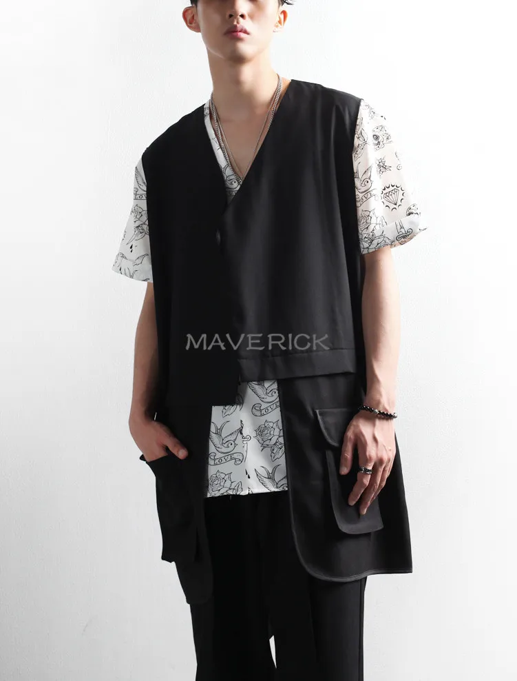 S-6XL!!2019 summer men's new irregular patchwork pocket vest hairstylist jacket air conditioning room thin outside a vest