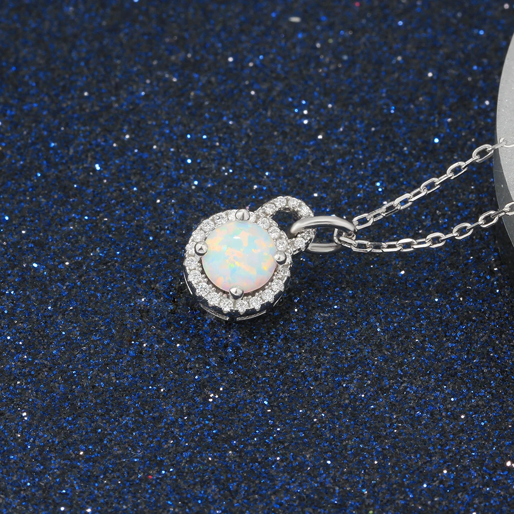 925 Sterling Silver Pendant Necklace Cubic Zirconia & Round Blue Pink White Opal Necklace For Women Fine Jewelry (Lam Hub Fong )