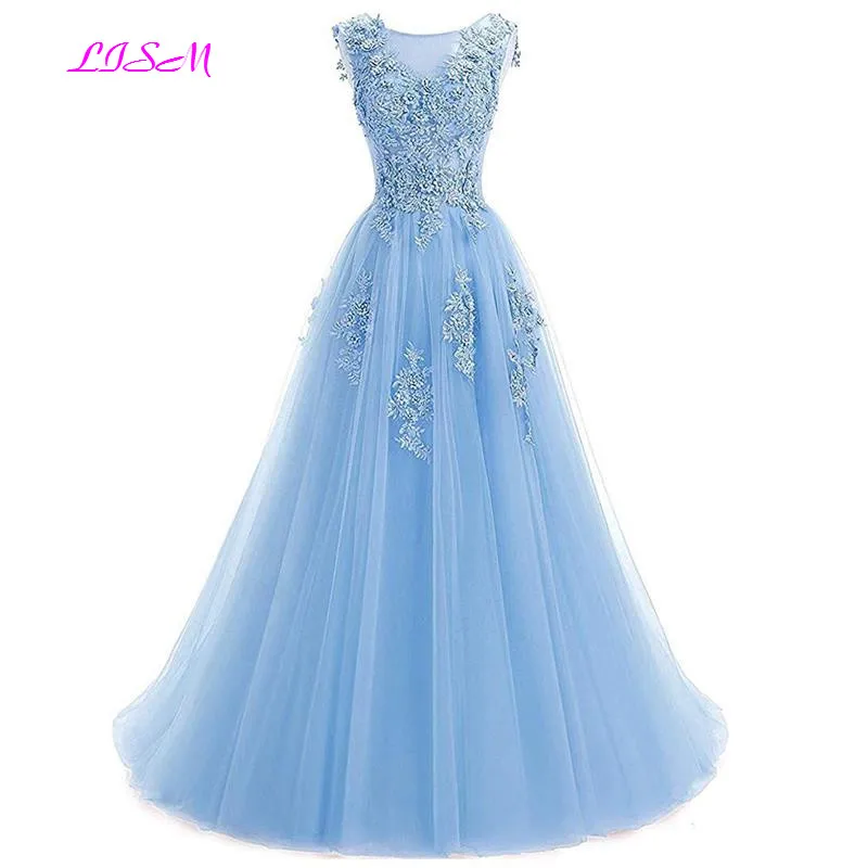 Lace Appliques Beaded Tulle Prom Dresses A-Line Sleeveless Evening Formal Dress Long Party Gowns vestidos de gala