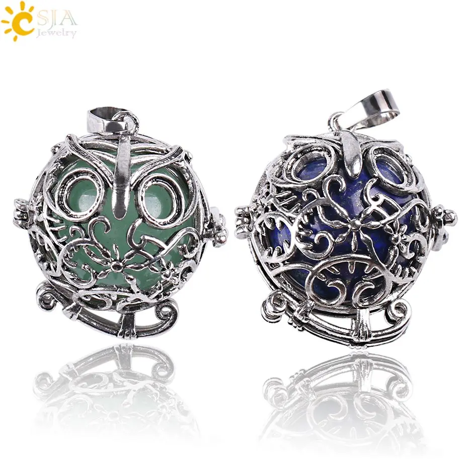 CSJA Cute Owl Openable Locket Pendants Antique Cage Ball Gem Stone Amulet Natural Jewelry Pink Quartz Opal Green Aventurine E683