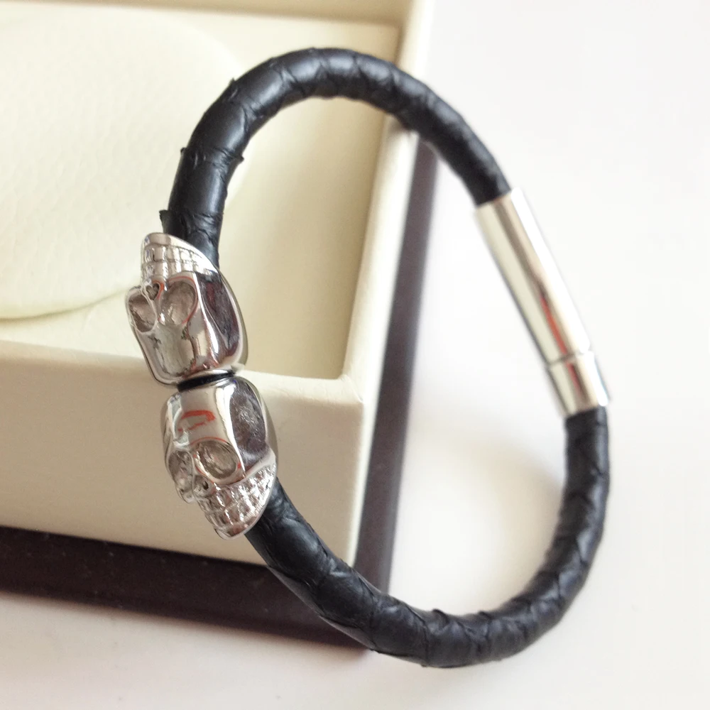 Fashion Genuine Blue Python Leather Skull Bracelet Northskull Twin Skull Bracelets Bangles for Man Women Jewelry Gift