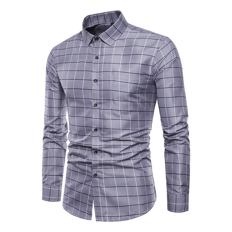 2018 nouveau hommes Chemise revers à manches longues grille mince avant bouton décontracté coton pour fête d'affaires Camisa Masculina Chemise Homme