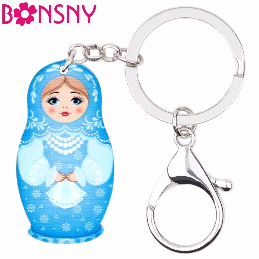 Bonsny Arylic Russian Dolls Matryoshka Key Ring Keychains For Women Girls Car Bag Pendant Classical Fashion Jewelry Key Bijoux