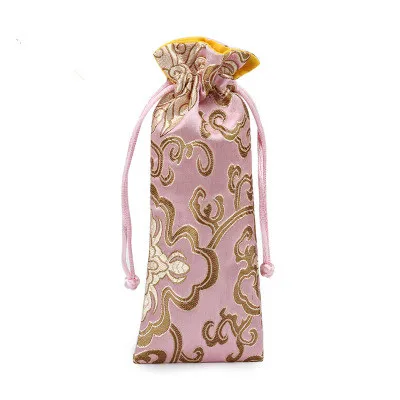 10pcs Rich Flower Luxury Chinese Gift Bags Silk Brocade Drawstring Long Wood Comb Christmas Pouches  Wedding Party Favors