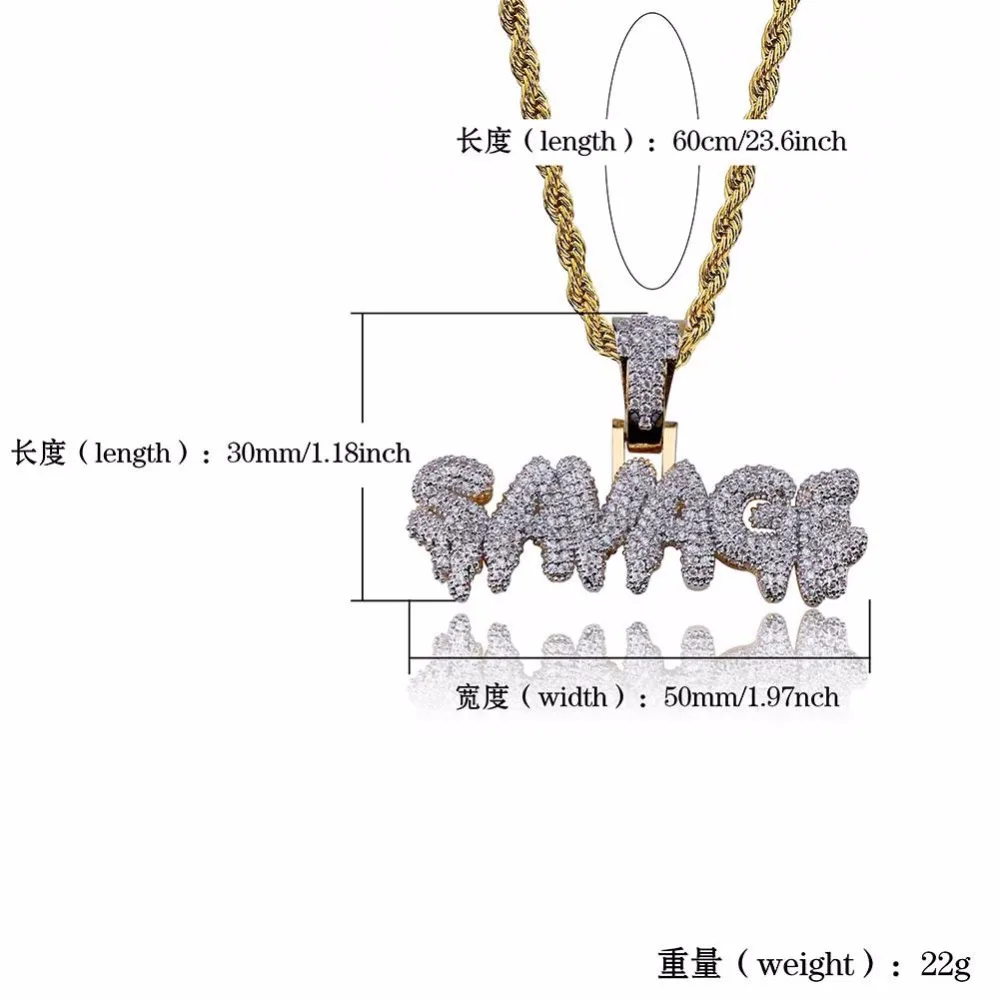 Full AAA CZ Zircon Paved Bling Iced Out SAVAGE Bubble Letter Men Hip Hop Rapper Pendant Necklace Gold Color Alphabet Jewelry