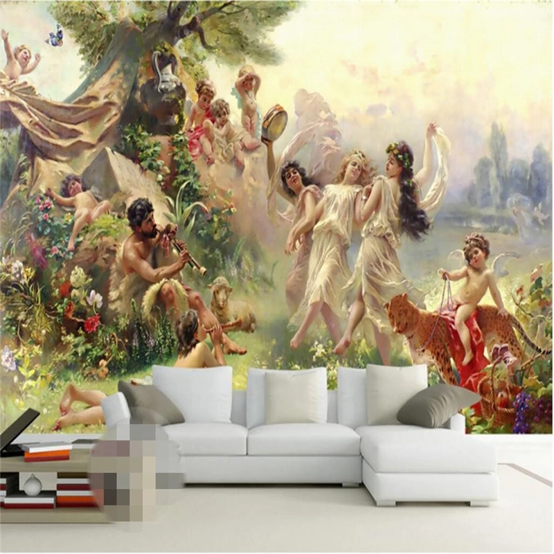 

beibehang 3d Wallpaper Mural Wall Sticker European Classical Oil Painting Angel Paradise Party Dancing Mural Background Wall