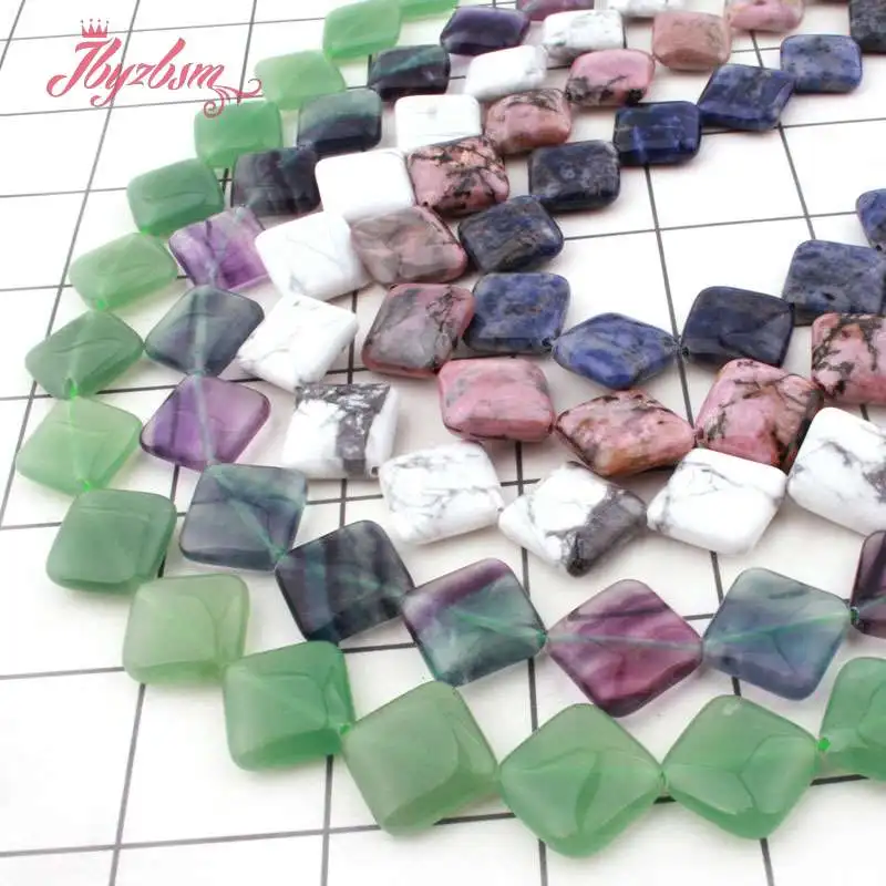 15mm Natural Fluorite Quartz Rhodonite Agates Square Rhombus Stone Beads For DIY Necklace Jewelry Making Loose 15