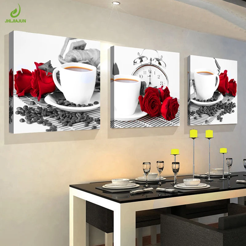 JHLJIAJUN Canvas HD Prints Paintings Home Decor 3Pcs Coffee Cup Pictures Coffee Bean Rose Flower Poster Restaurant Room Wall Art