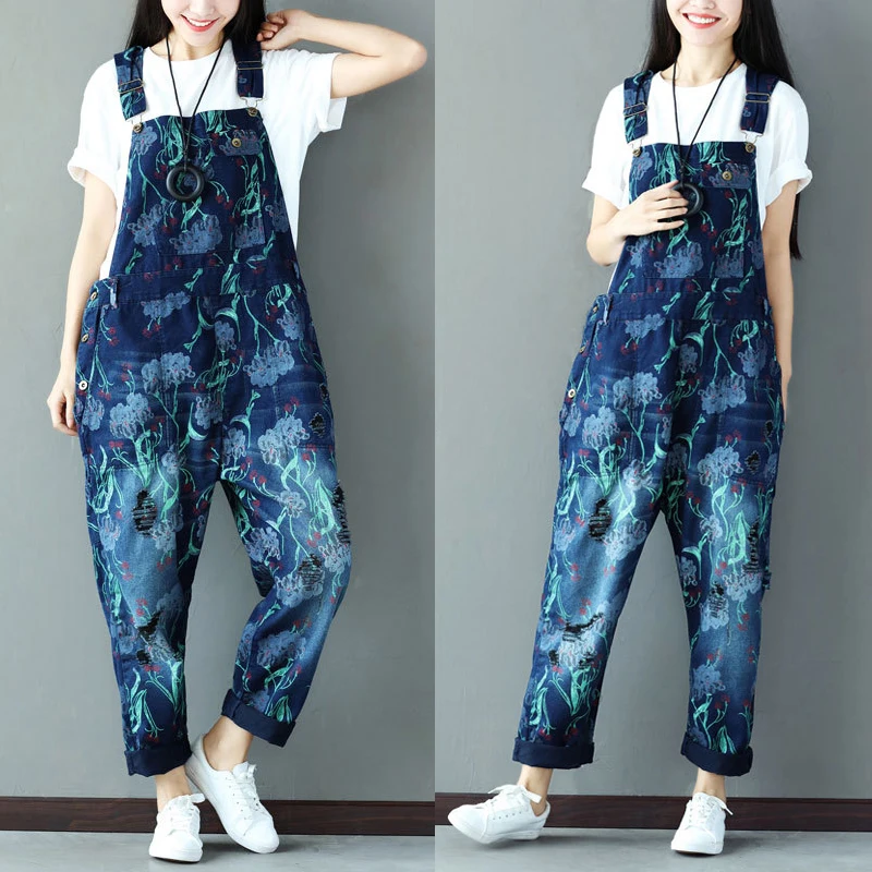 Freies Verschiffen 2019 Neue Gedruckt Damen Overalls Denim Jeans Lose Overalls Und Strampler Mit Löcher Plus Größe Overalls Für Frauen