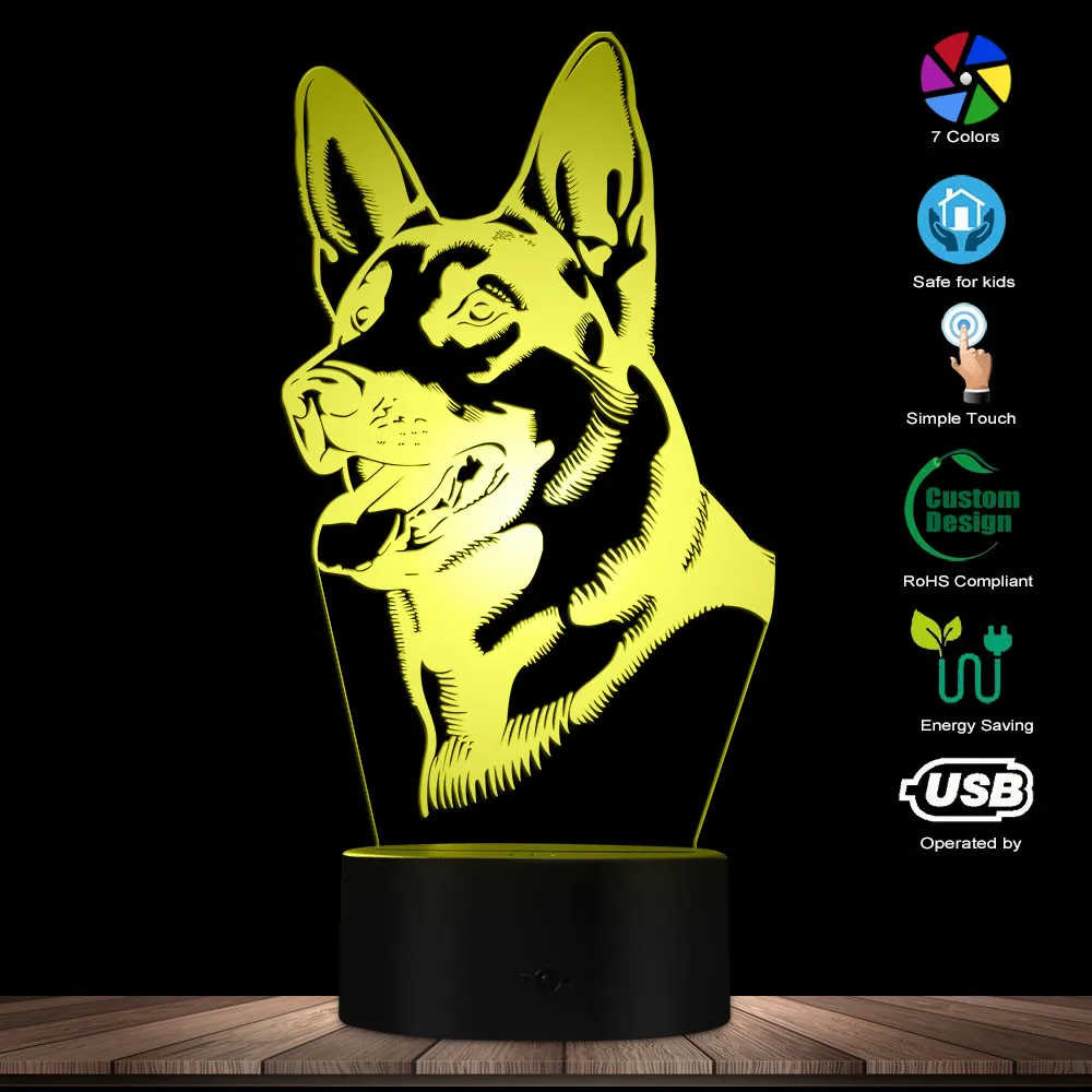 Cute Dog Shepherd Shape Design Customize Name 3D Optical Illusion Night Light Glowing LED Visual Lamp Pet Puppy Lover Gift