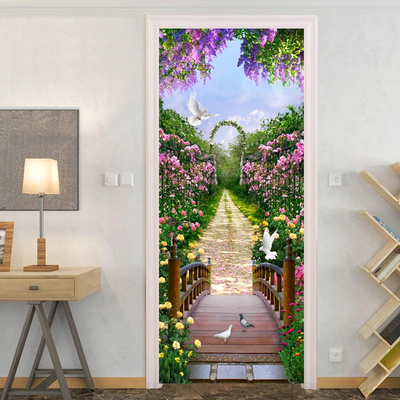 

3D Door Sticker Wall Mural Art Beautiful Flowers Poster Wallpaper Stickers Self Adhesive Removable Wall Papers Home Door Decals