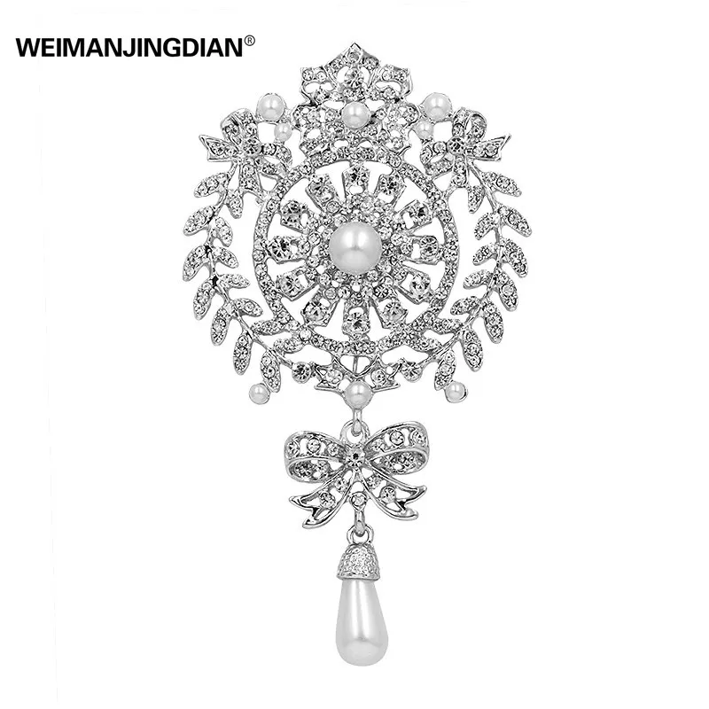 WEIMANJINGDIAN Brand Large Size Crystal Diamante and Imitation Pearl Waterdrop Scroll Decor Brooches for Women or Wedding