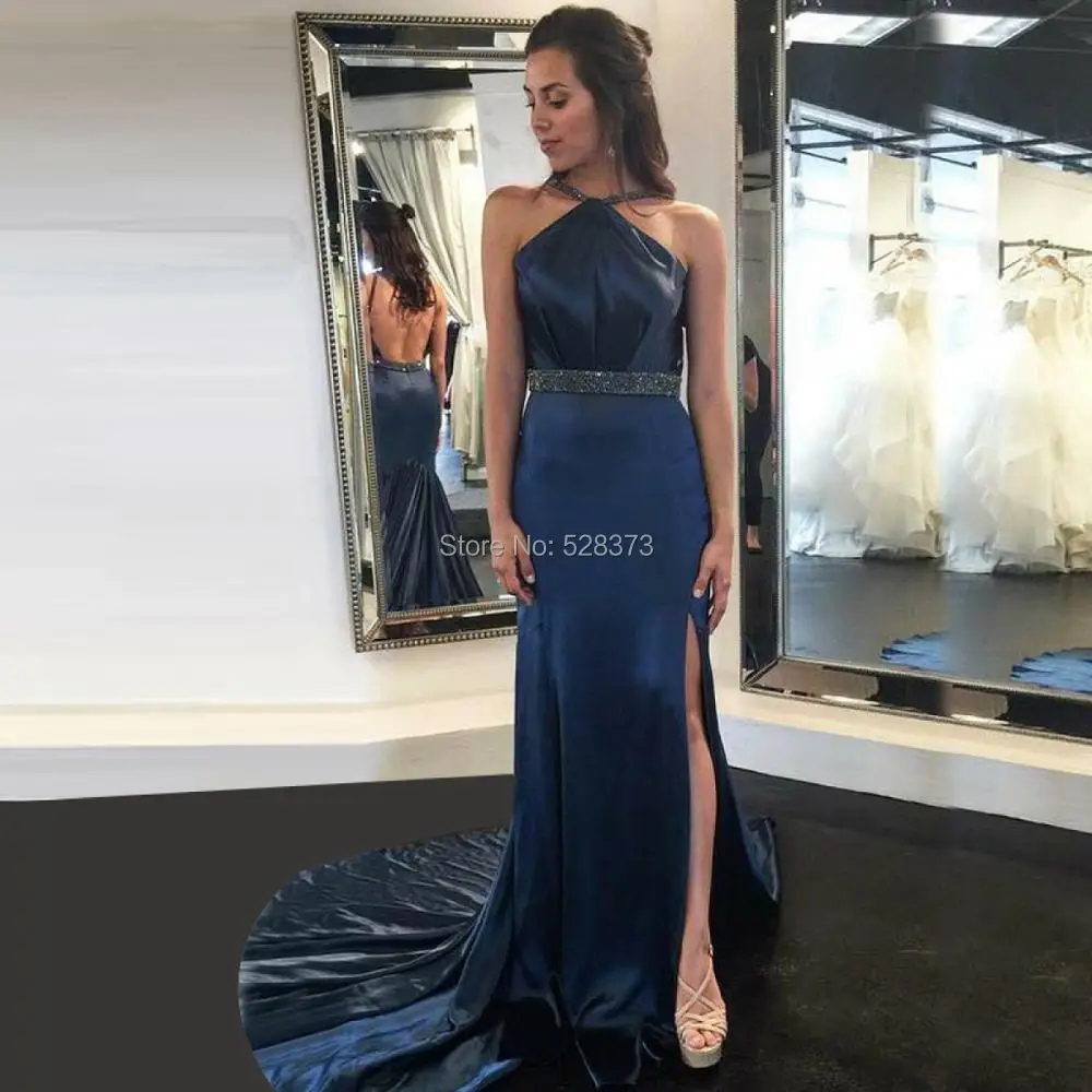 YNQNFS PD34 Robe Vestido de Festa Longo Sexy Mermaid Backless High Leg Slit Prom Dress Party Bridesmaid Dress Halter Navy Blue