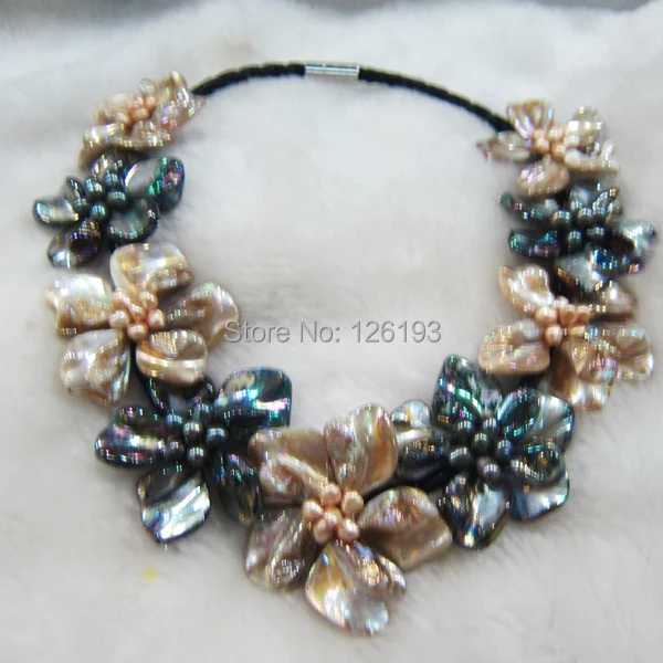 Champagne and black pearl mother of shell weave flower pendant necklace