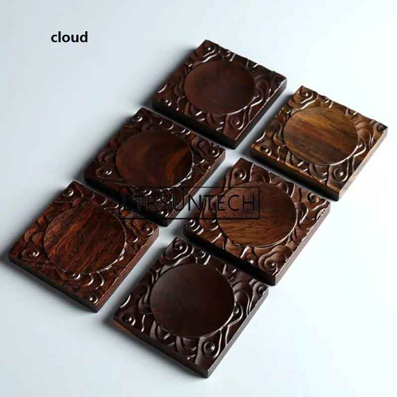 60pcs Vintage Engraved Embossed Coaster Ebony Wood Cup Mat Teacup Pad Traditional Chinese Tea Ceremony Accessories