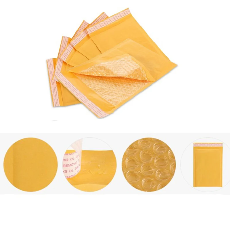 50pcs 140mm*120mm+40mm Home Use Storage Yellow Kraft Bags Shakeproof Padded Envelopes Paper Mailing Bags