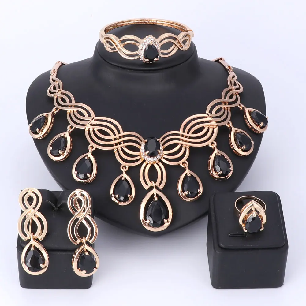 Top Exquisite Dubai Tassel Gem Jewelry Set Luxury Gold Color Crystal Necklace Big Nigerian Wedding African Beads Jewelry Sets