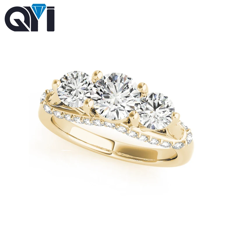 QYI Woman Three Stone 14K Engagement Ring Classic Real 14k Yellow gold Round Cut Moissanite Diamond Wedding Ring