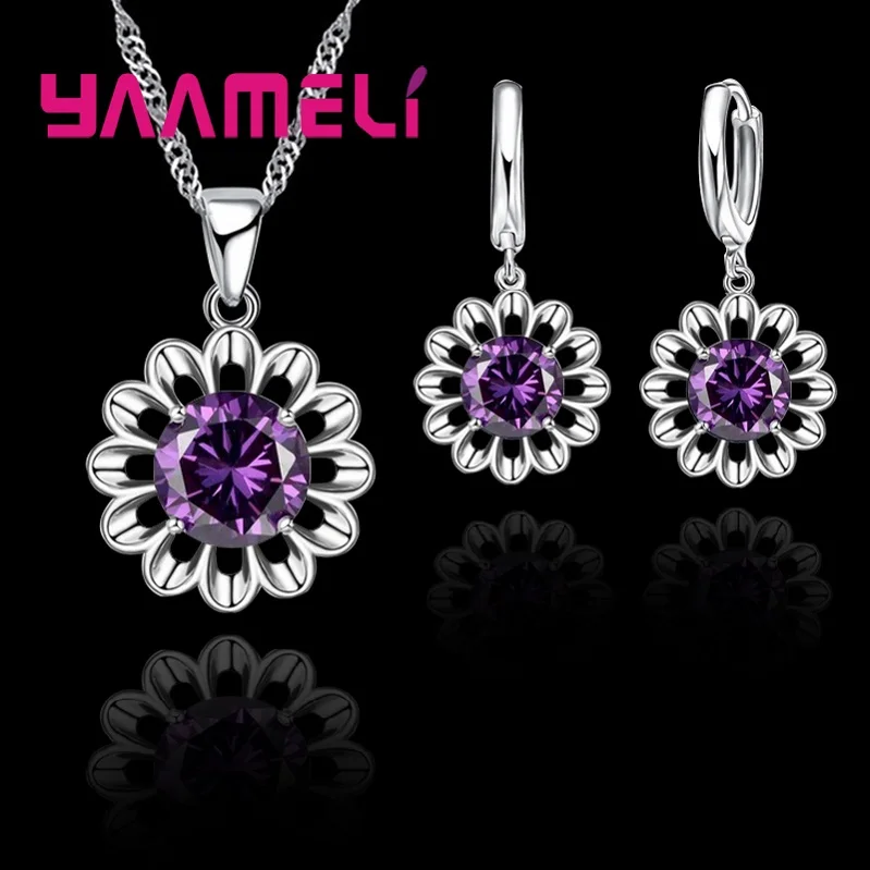 Neue Mode Hochzeit Schmuck Set Frauen Top Qualität 925 Sterling Silber Farbe Kristall Anhänger Halskette Hoop Ohrring Große Förderung