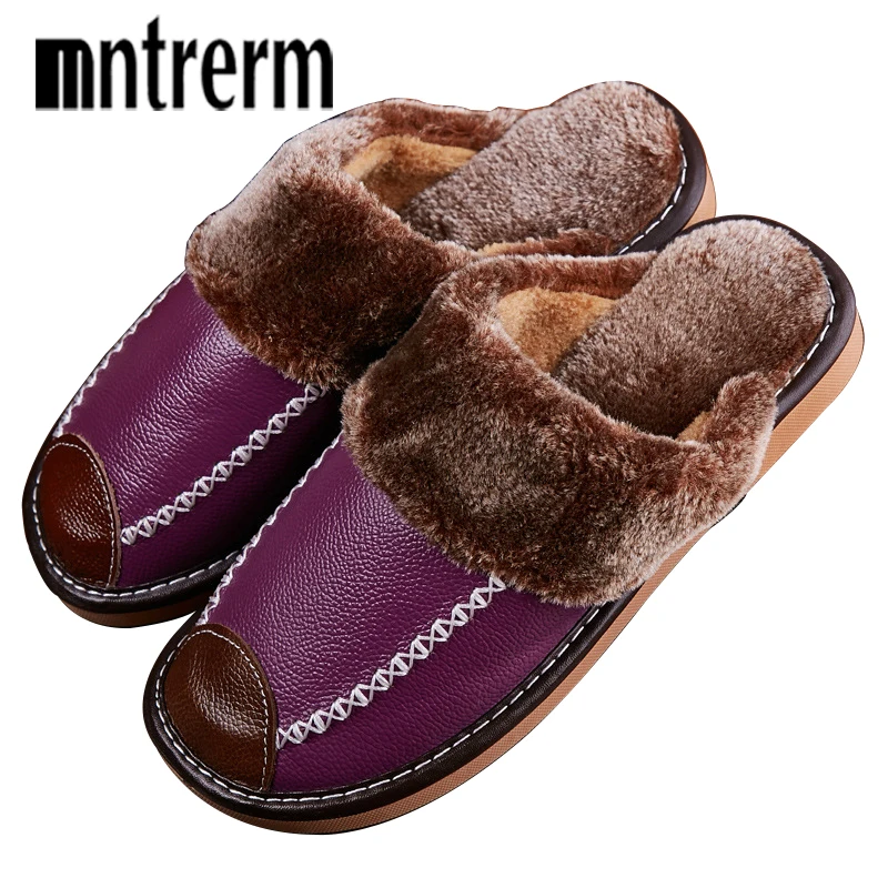 Mntrerm Ladies Slippers Winter Genuine Leather Home Indoor Non-Slip Thermal Woman Slippers 2022 New Warm Winter Slippers Couple