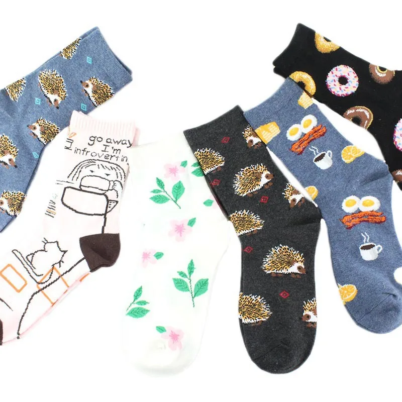 Japan Harajuku donut coffee Hedgehog Animals Women Socks Kawaii Cute Women Cartoon Funny Socks EU35-42