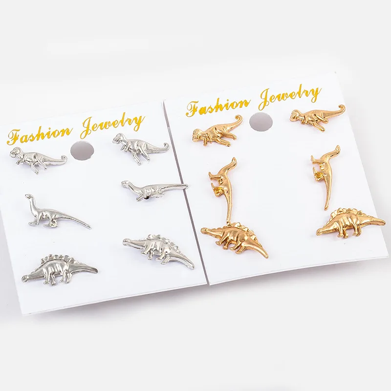 3 Kinds Dinosaur Small Golden Silver Plated Animal Stud Earrings for Women 3 pairs /set