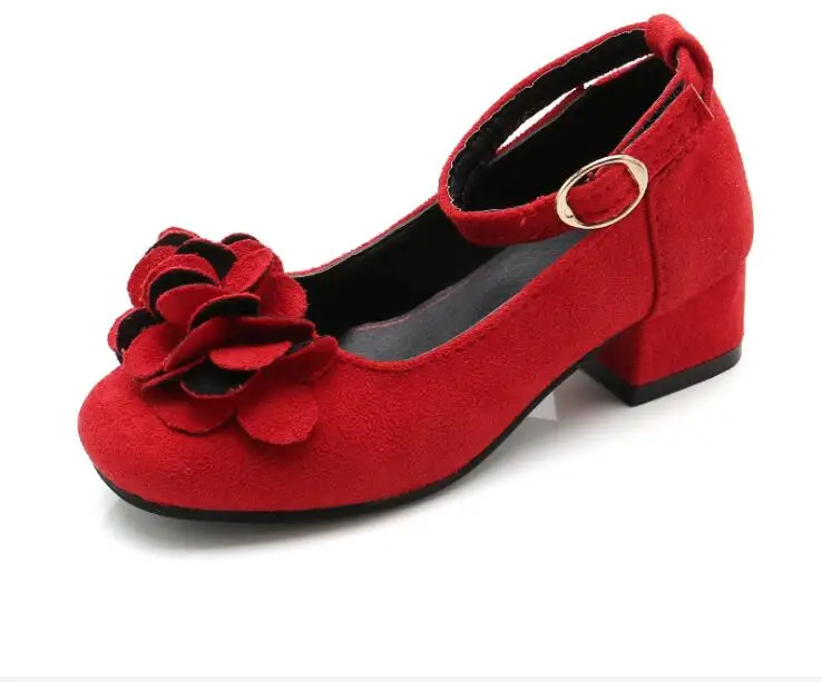 

Kids Shoes for Girls High Heel Red Black Flower Children Princess Wedding Student Dancing Shoes Suede Leather Girls