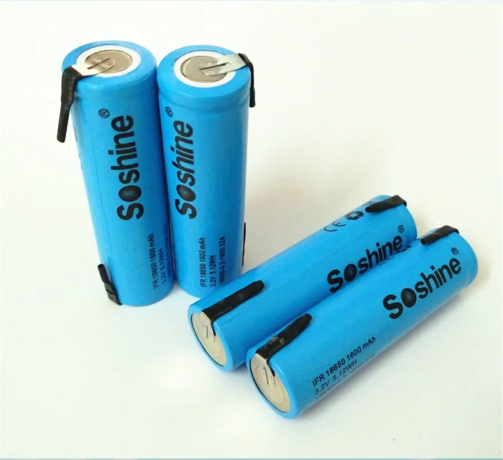 4pcs Soshine LiFePO4 18650 3.2V 1600mAh Rechargeable Battery with tab