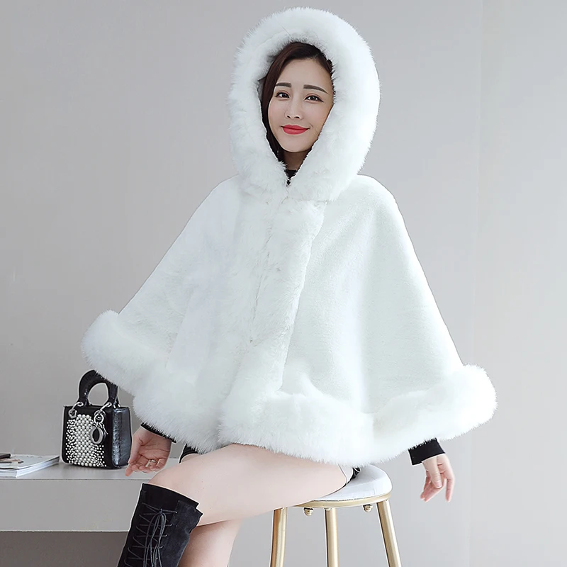 JaneVini Winter Hooded Faux Fur Bolero For Women Bridal Fur Shawl Short Hood Cape White Wrap Bride Wedding Coat Outerwear Stoles