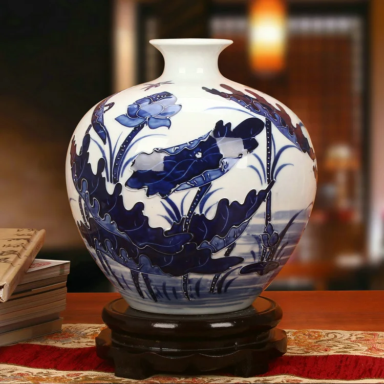 Jingdezhen ceramics factory wholesale blue lotus fish map carving Chinese pomegranate vase ornaments