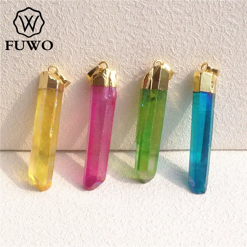 FUWO Wholesale Angel Aura Plated Natural Crystal Point Pendant, Raw Shape Quartz Accessories For Women Jewelry Making 5Pcs PD086