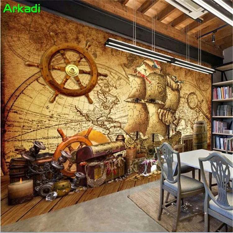 Retro Retro Poster Navigation Pirate Sailboat Map Customize Restaurant Bar Cafe KTV Background Wall Paper