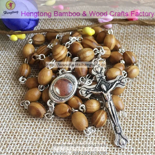 

5pcs/pack cheap brown immitation olive wood rosary pine beads rosary with terra soil rosary center and Jerusalem cross