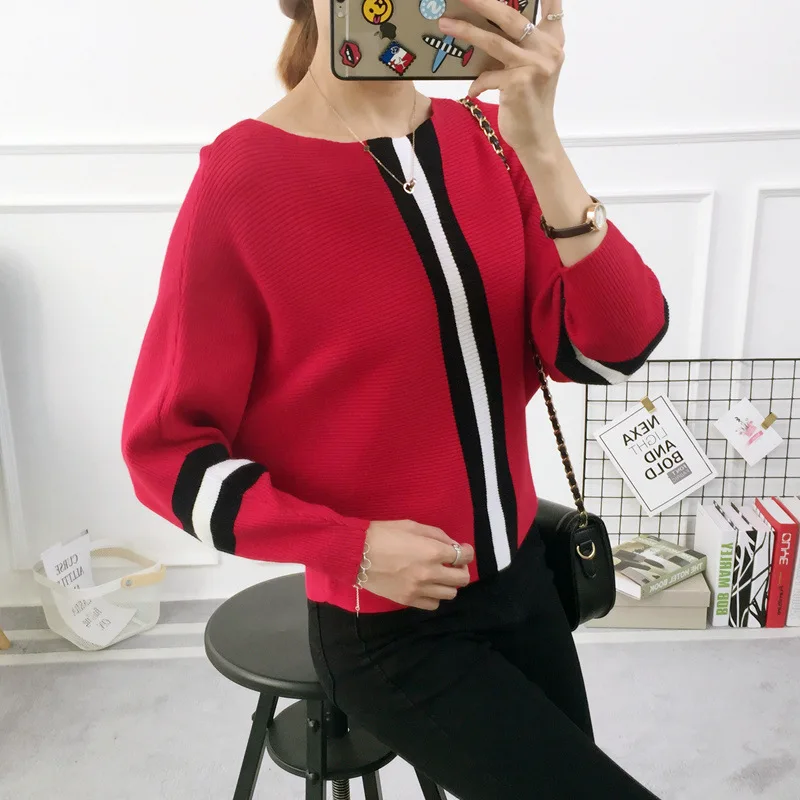 2023 New Autumn Winter Women Sweater Pullover Stripe Contrast Color Bat Sleeve Knitted Jumper Loose Short Tops Outwear Pull Femm