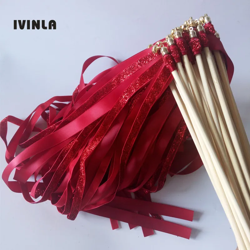 

hot dark red glitter + red stain ribbon wedding wands wedding stick with gold bell for wedding decoration 50Pieces/Lot