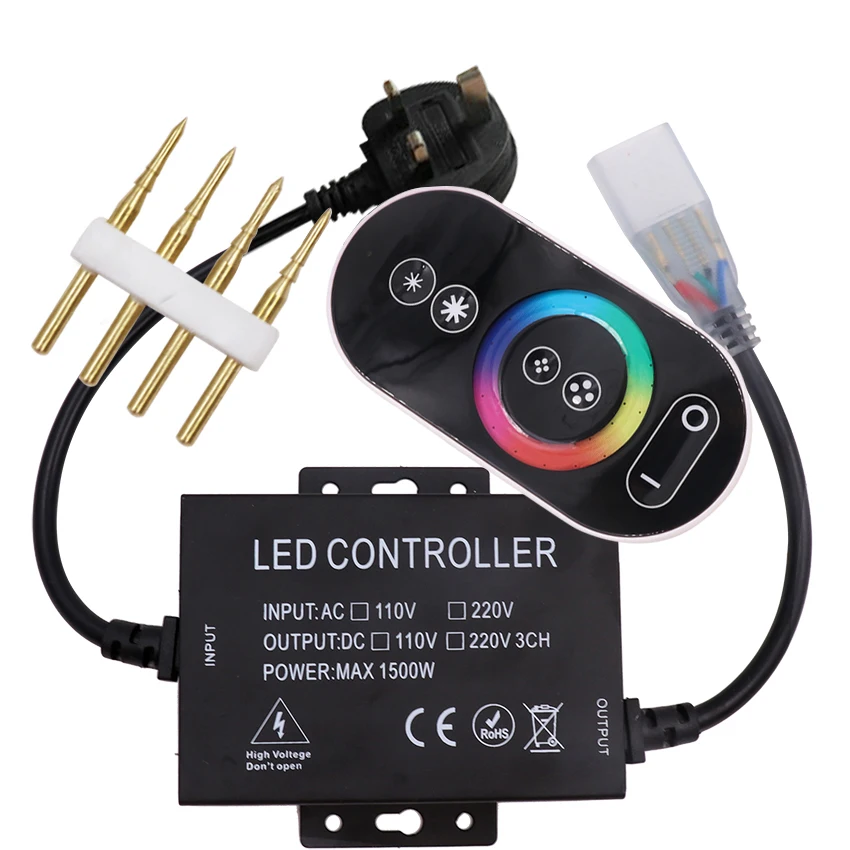Full Touch LED RGB Controller AC110V/220V 1500W 8mm/10mm PCB RF Remote Led Strip Dimmer Controller With UK/US/EU Connector Plug