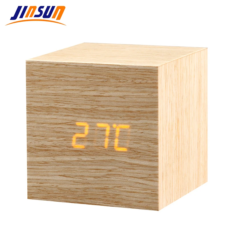 JINSUN Digital LED Alarm Clock Sound Control Wooden Despertador Desktop Clock Temperature Display Table Clock Wekker  KSW110