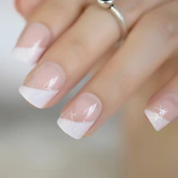 Unghie francesi istantanee bianche iridescenti Glitter smussati trasparenti corti quadrati finti consigli per Nail Art molte scelte 24 conteggi