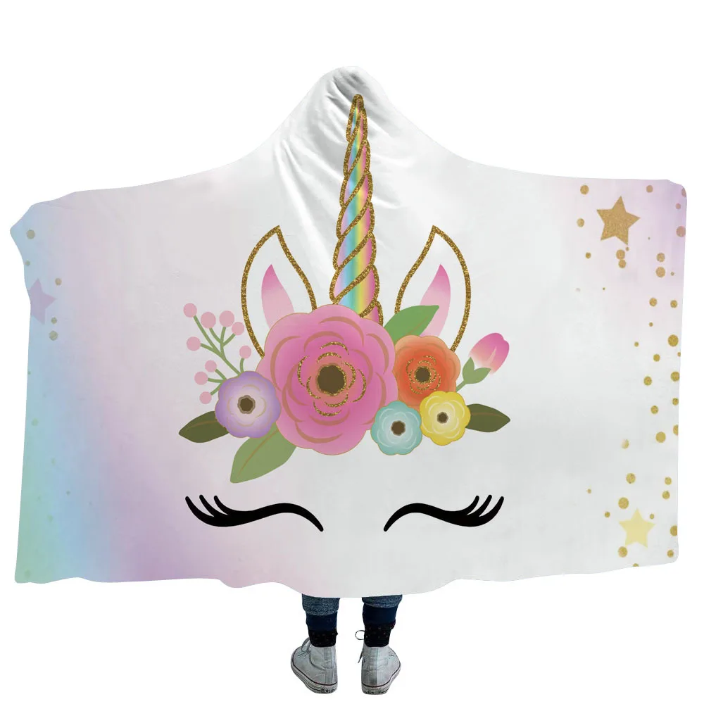 Champagne Flower Unicorn Spot Pattern 3D Printed Plush Hooded Blanket for Adults Kid Warm Wearable Fleece Throw Blankets