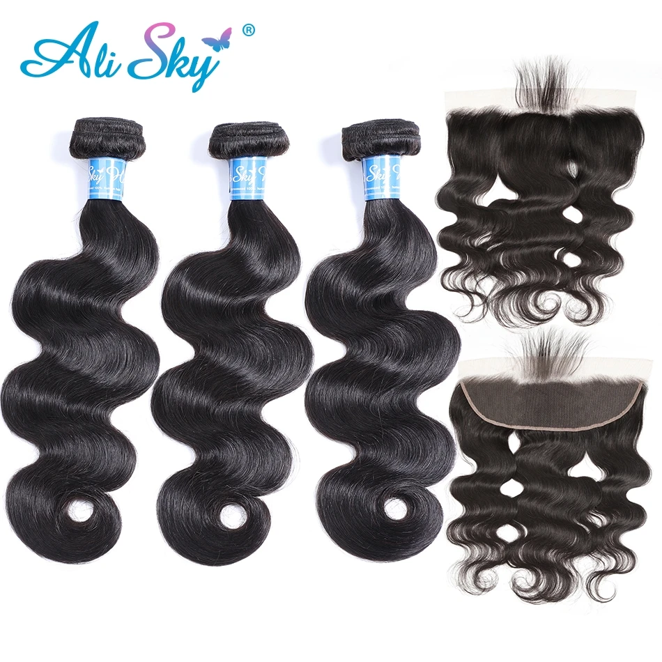 

Alisky Brazilian Hair Weave Bundles With Frontal Body Wave Lace Frontal With Bundles 100% Human Hair Extensions Remy Hair Wefts